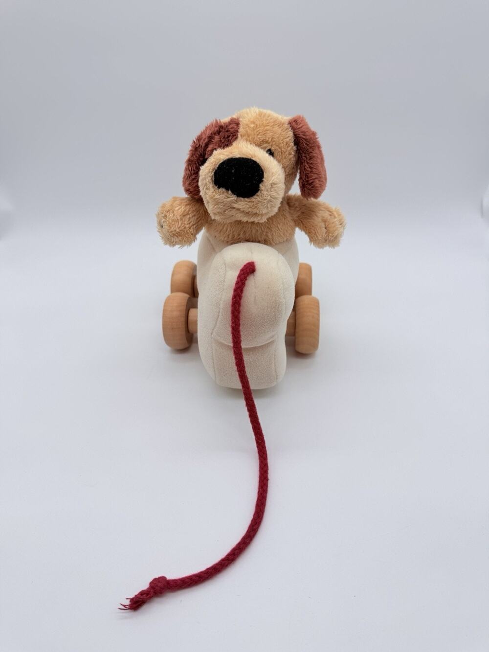 Mary Meyer Plush Dog on a Bone Pull Toy With Wooden Wheels Stuffed Animal Toy